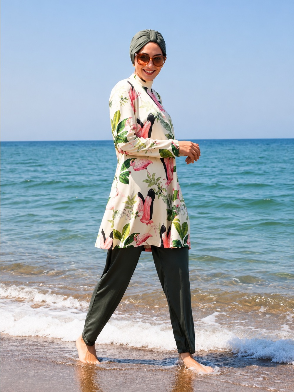 Modest swimsuit burkini 4 piece long sleeve dress pants green flamingo leaves
